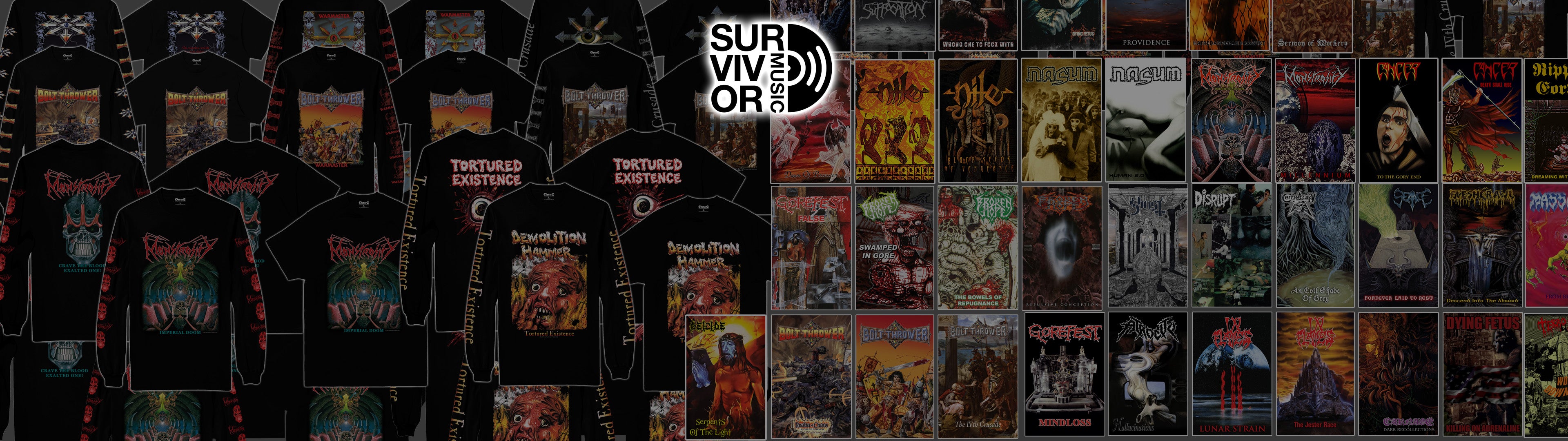 A collage-style promotional graphic showing many black graphic T-shirts and numerous album covers, with a central logo reading SURVIVOR ON AIR. The layout is crowded and dark, with the shirts on the left and many music covers on the right.
